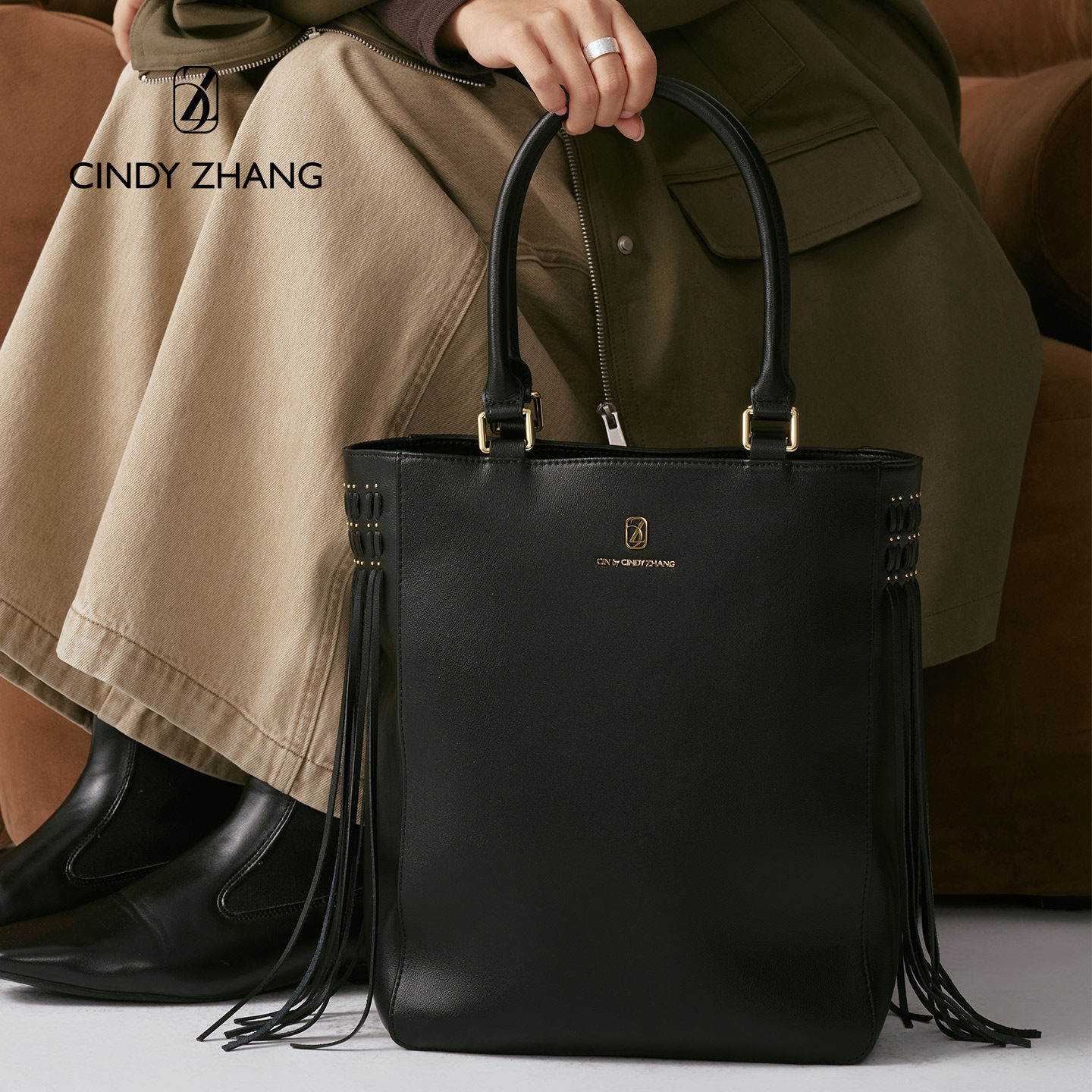 【张萌同款】CINDYZHANG 英国设计师品牌轻奢经典流苏单肩托特包