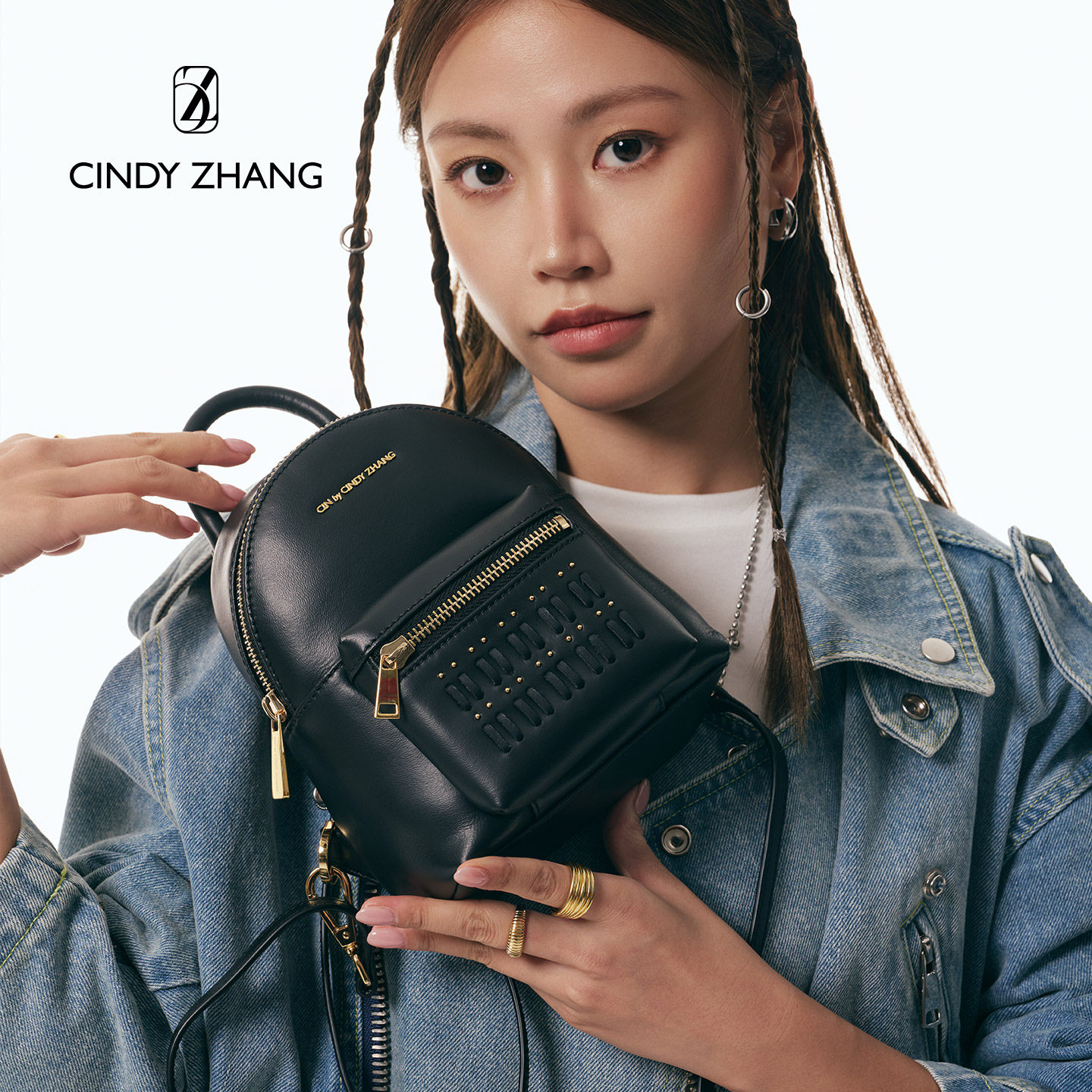 CINDY ZHANG小众设计品牌铆钉链条斜挎多种背法经典款黑色后背包