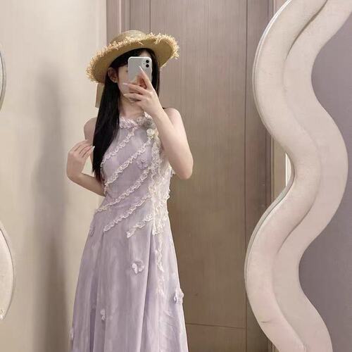 Acaine紫色长款挂脖吊带连衣裙女夏季法式复古修身显瘦气质裙子