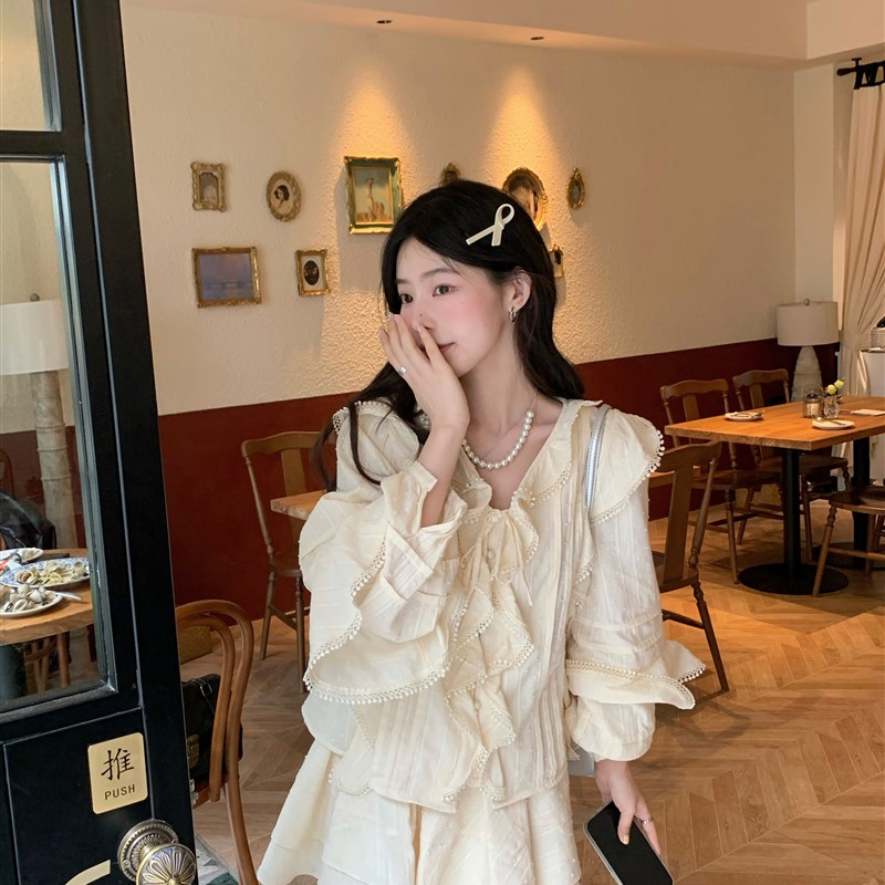 DeeFuu沛沛 日光弥夏 奶黄色荷叶边衬衫女高腰显瘦半身裙甜美套装