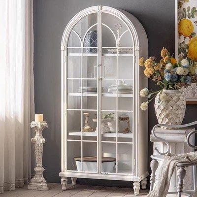 法式餐边柜白色复古玻璃柜子展示柜家用客厅靠墙落地实木拱形书柜