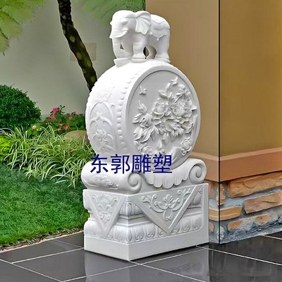 石雕汉白玉材质方形门墩抱鼓石一对中式家用别墅门口装饰雕塑摆件