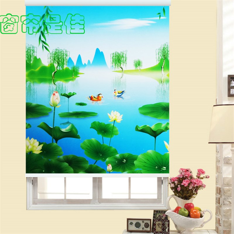 升降卷帘卧室阳台风景国画卡通插画半遮光遮阳拉珠升降竹子卷帘