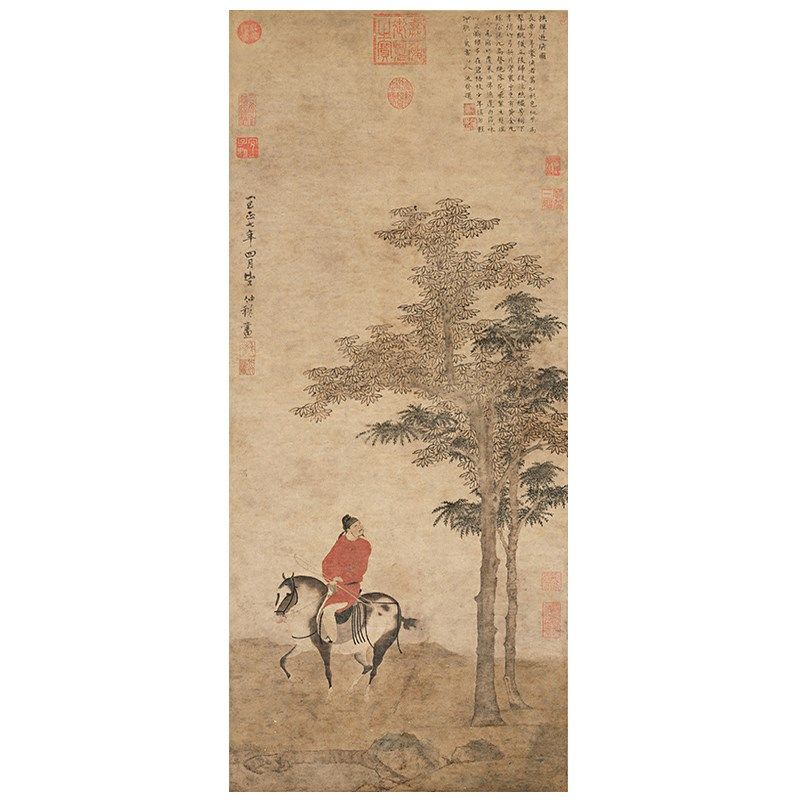 元代赵雍挟弹游骑图真迹复制微喷仿古画临摹大图卷轴装裱画心