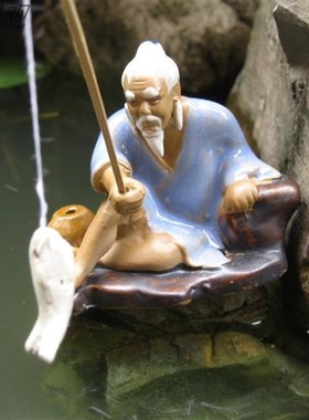 陶瓷钓鱼翁姜大公摆件假山盆景水族鱼缸上水石头流水喷泉装饰摆件