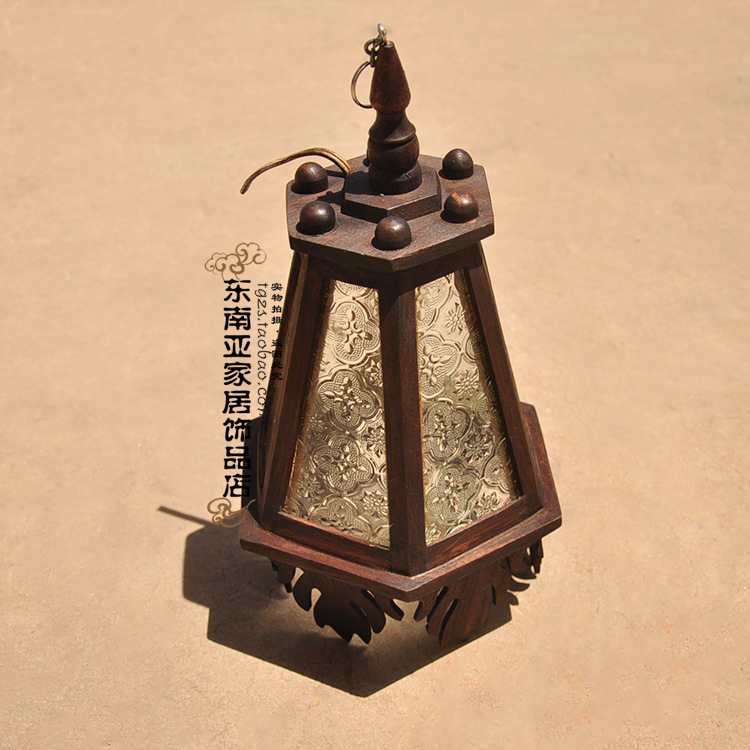 泰国工艺品柚木木雕东南亚风格灯具六边形斜柱吊灯酒店会所装饰灯