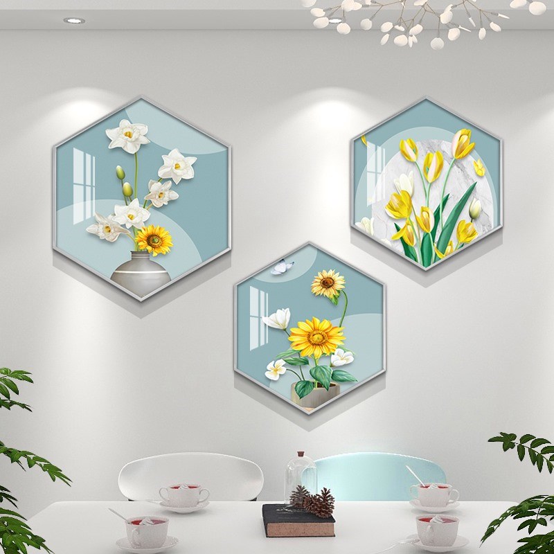 现代简约花卉装饰画餐厅背景墙挂画高档大气饭厅软装轻奢晶瓷壁画图片
