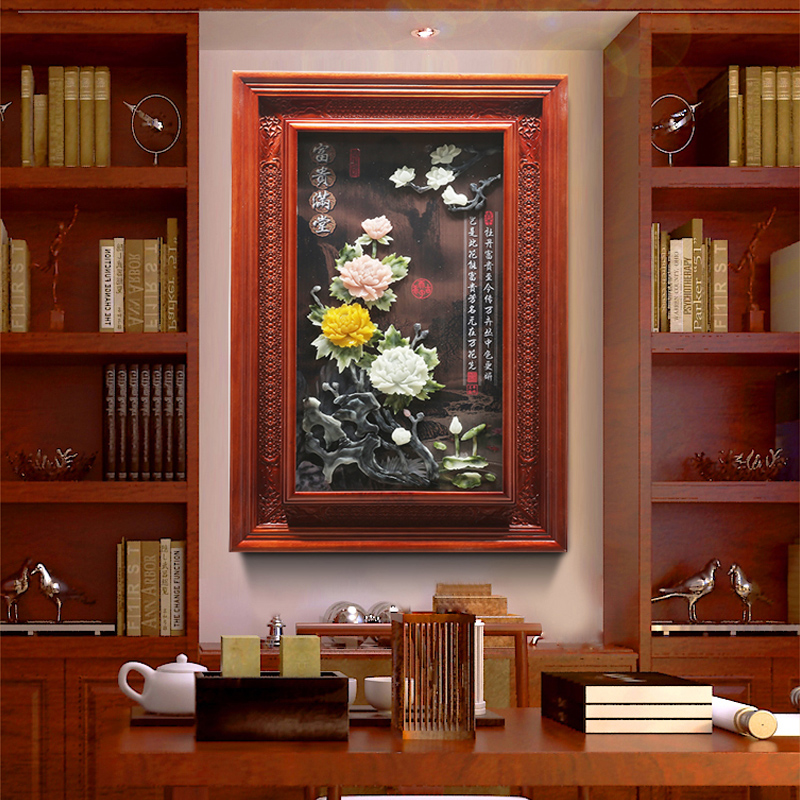 玄关装饰画3d立体浮雕画中式餐厅挂画入户走廊实木壁画客厅玉雕画