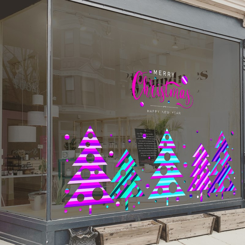 圣诞彩色树群装饰玻璃橱窗静电贴画防新年防撞圣诞树装扮无胶双面