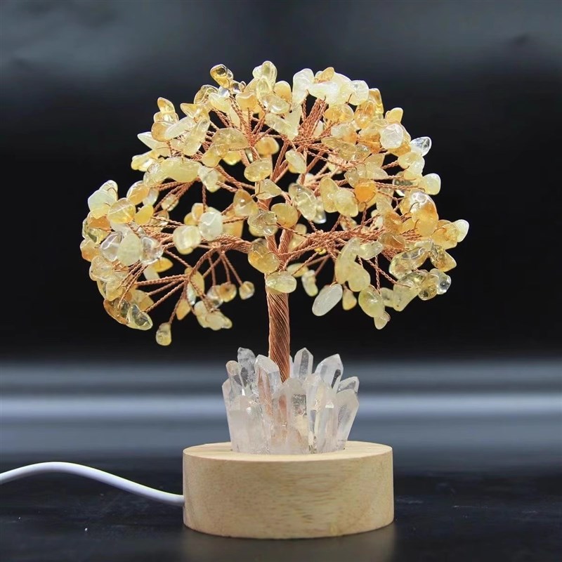天然水晶招财树晶簇原石摆件黄水晶招财居家桌面装饰发财树小夜灯