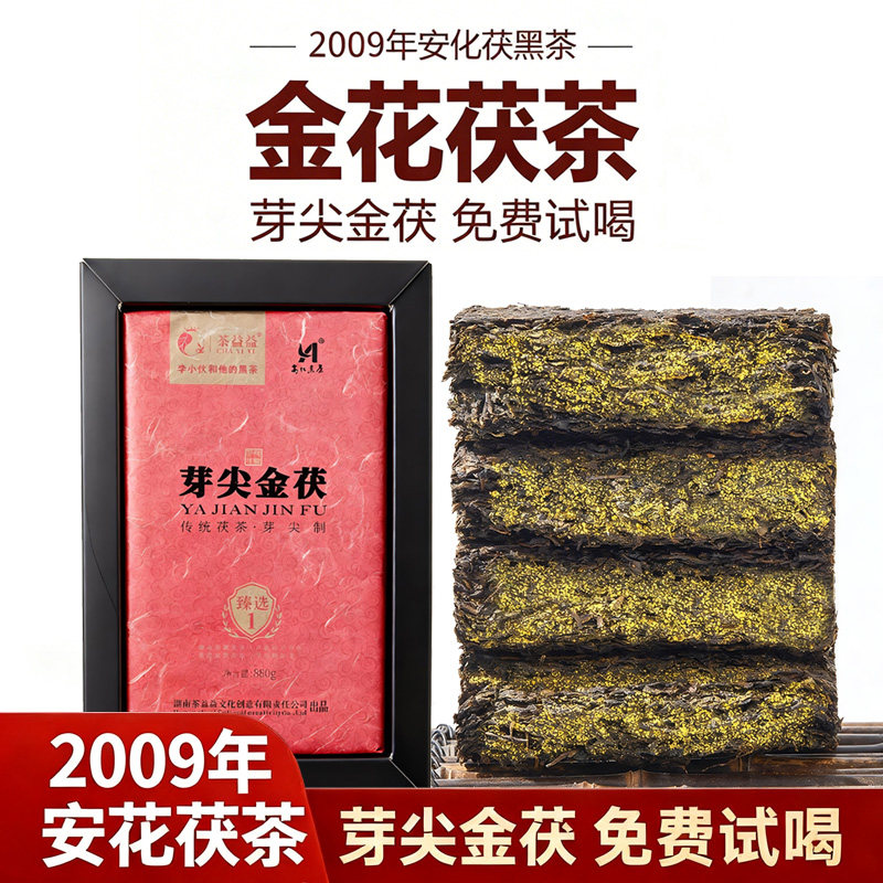 茶益益2009年芽尖金茯安化黑茶金花茯茶茶砖正宗陈年正品茶叶880g