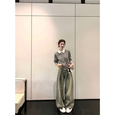 jijilulu积极璐 常青神裤 蓝色设计感收腰牛仔裤好穿百搭宽松阔腿