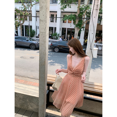 jijilulu积极璐 3.27/20点 波点连衣裙女夏 v领扭结收腰a字大摆裙