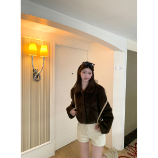 环葆皮草外套精致俏皮翻领白色上衣 短款 jijilulu积极璐 雪顶摩卡