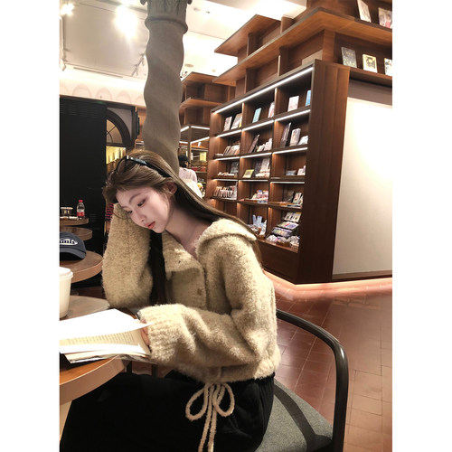 jijilulu积极璐 燕麦甜茶 绵羊毛短款毛织上衣设计感百搭系带开衫