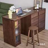 黑胡桃木家用岛台客厅实木工作台餐桌备餐操作台可伸缩吧台收纳柜