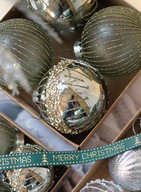 BG香槟色色灰绿色创意线条耶诞球8厘米6C耶诞树装饰耶诞挂件