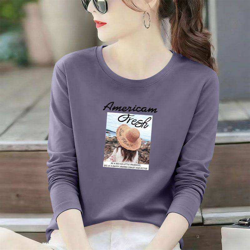 高品质纯棉常规长袖T恤女新款秋冬休闲高级简约宽松印花韩版上衣