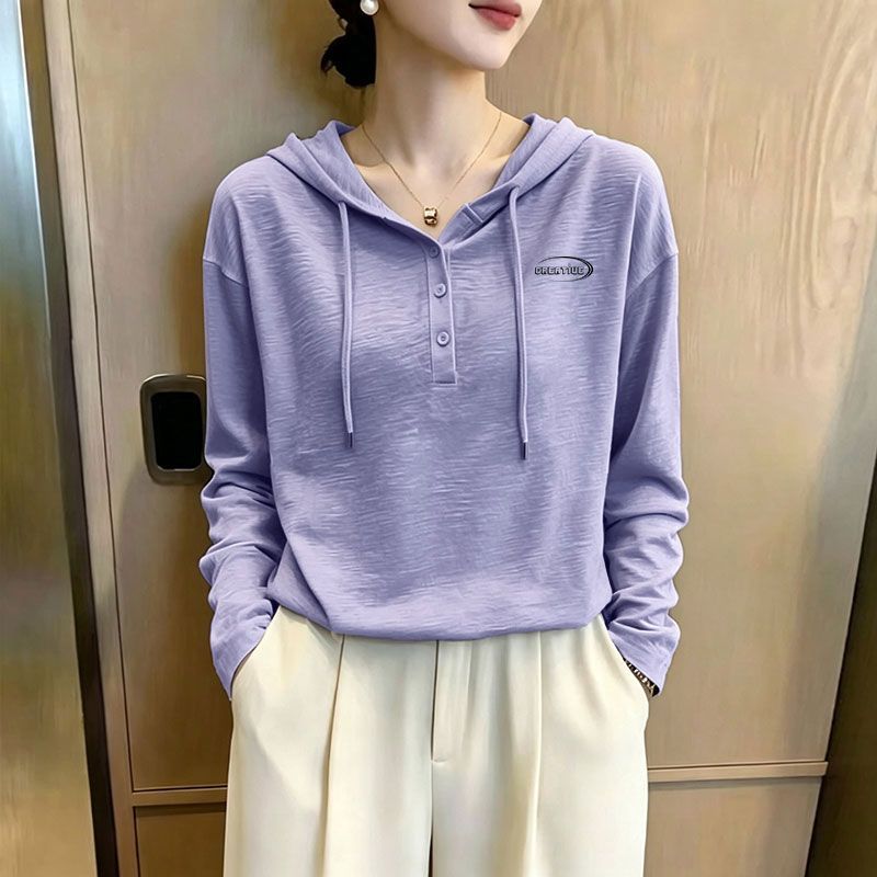 秋冬新款竹节棉连帽长袖T恤女