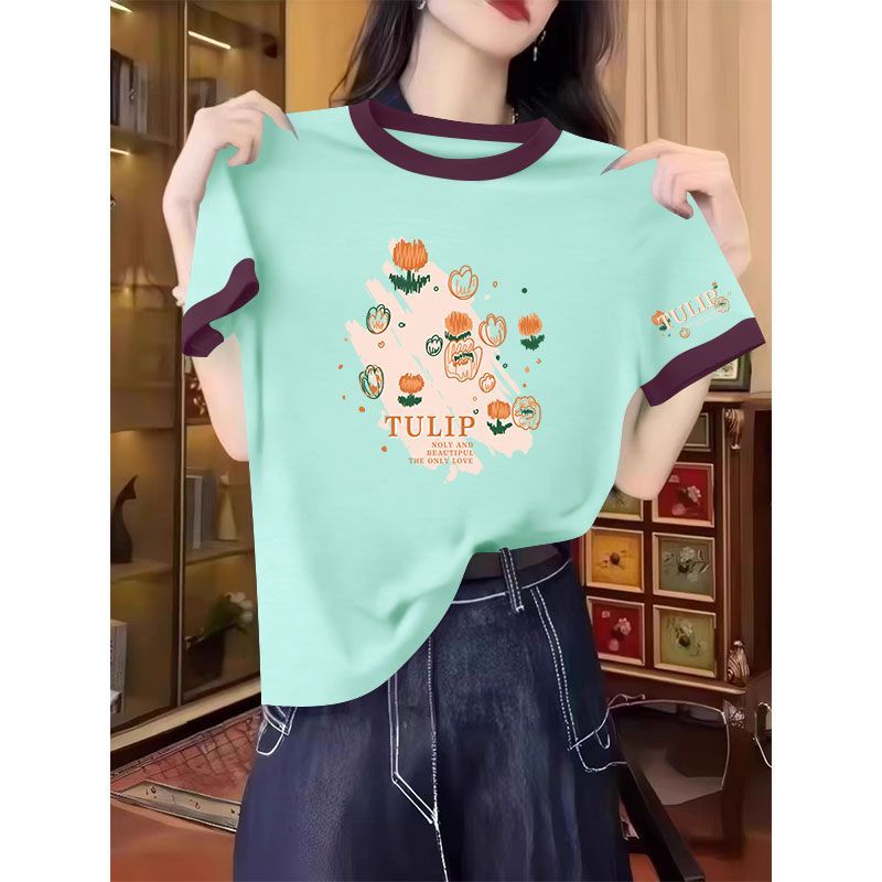 夏季纯棉大码遮肚撞色短袖T恤女