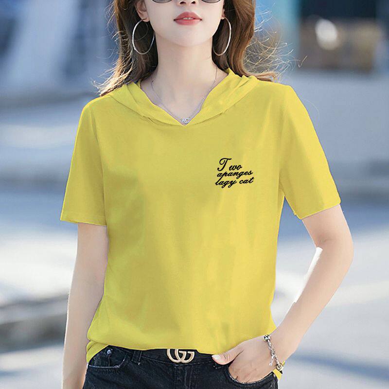 夏天纯棉t恤女韩版连帽短袖修身显瘦上衣服薄款时尚印花体恤衫潮