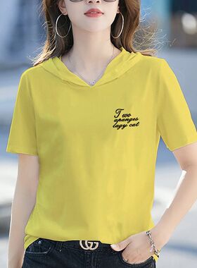 夏天纯棉t恤女韩版连帽短袖修身显瘦上衣服薄款时尚印花体恤衫潮