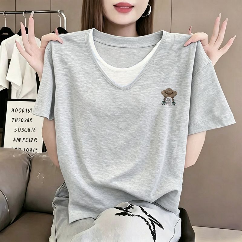 夏季精梳棉V领短袖T恤女大码