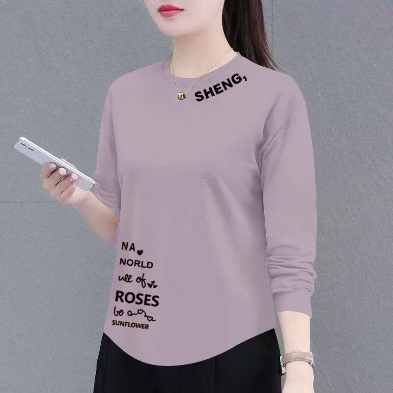 精品纯棉时尚长袖T恤女新款秋冬时尚休闲简约高级设计感印花上衣