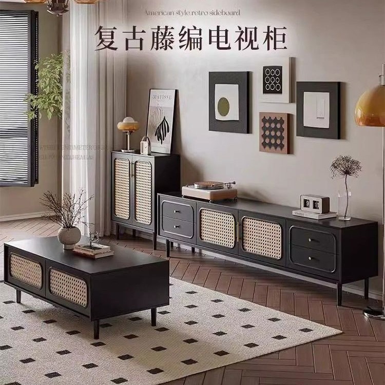 新款美式复古电视柜茶几组合客厅家用简约家具现代黑色中古机柜