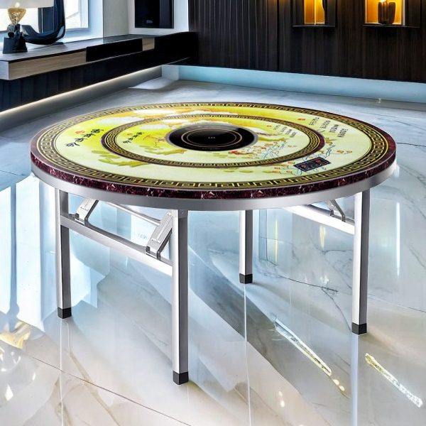 加厚不锈钢内置转盘圆桌彩图火锅桌折叠免安装打边炉餐桌送电磁炉,住宅家具,不锈钢/PVC餐桌,淘宝优惠券,粉丝福利购,淘宝优惠卷