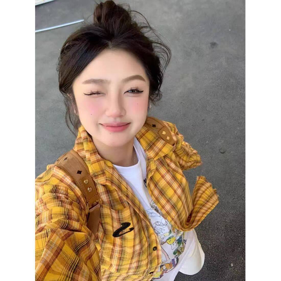 美式黄色格子衬衫女春季