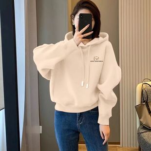 宽松慵懒风百搭小个子上衣服 韩版 秋冬加绒加厚短款 高腰卫衣女时尚