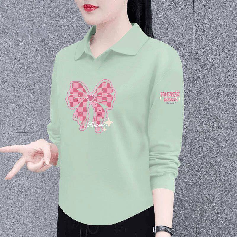 纯棉时尚长袖T恤女秋冬女装遮肉大码宽松翻领气质潮流上衣女ins潮