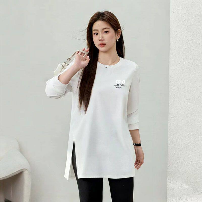 纯棉时尚长袖T恤女新款秋冬大码韩版印花设计感ins高级气质上衣女