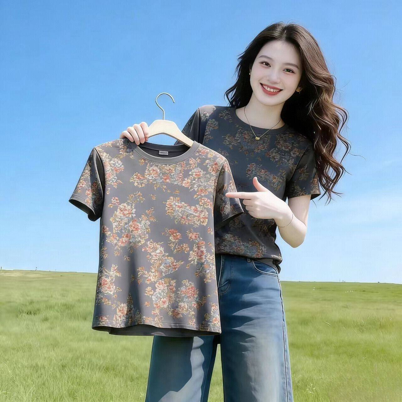 扎染小碎花繁花短袖印花T恤女