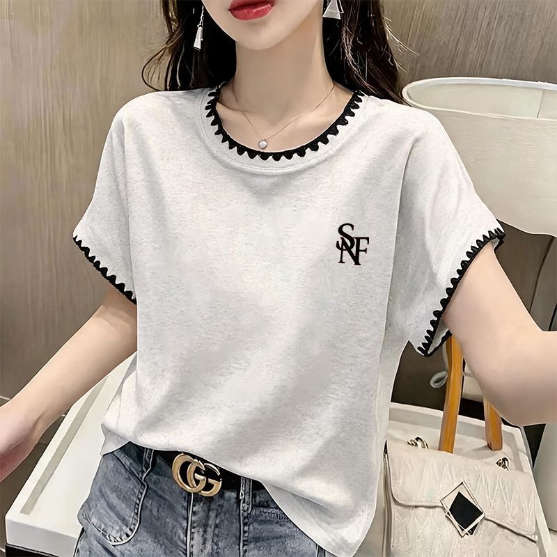 夏季100%纯棉女短袖圆领T恤