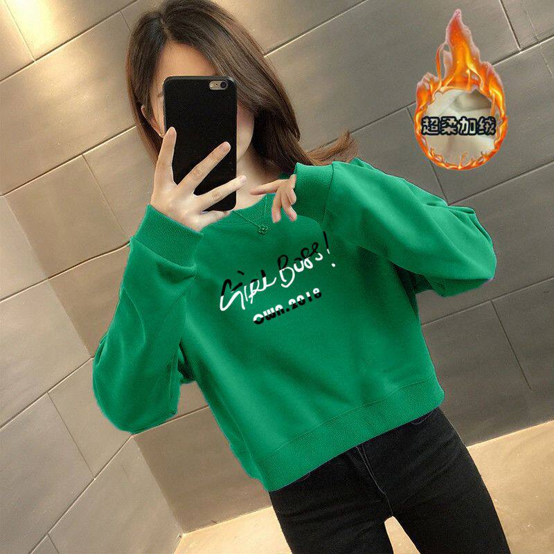 秋冬加绒加厚纯棉短款卫衣女气质韩版宽松显瘦小个子潮流高腰外套