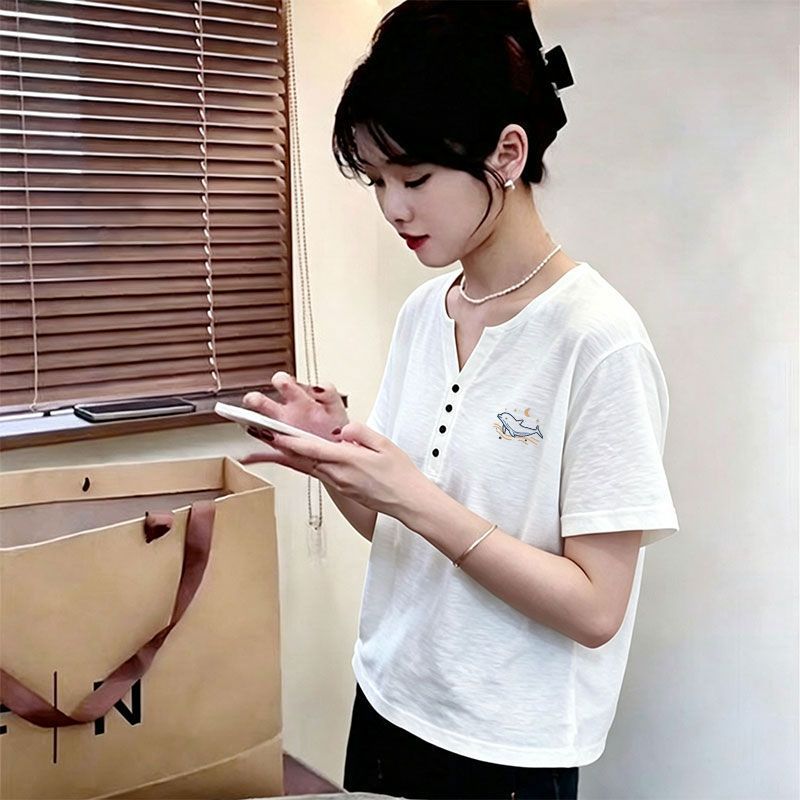 夏季精梳棉V领宽松短袖T恤女