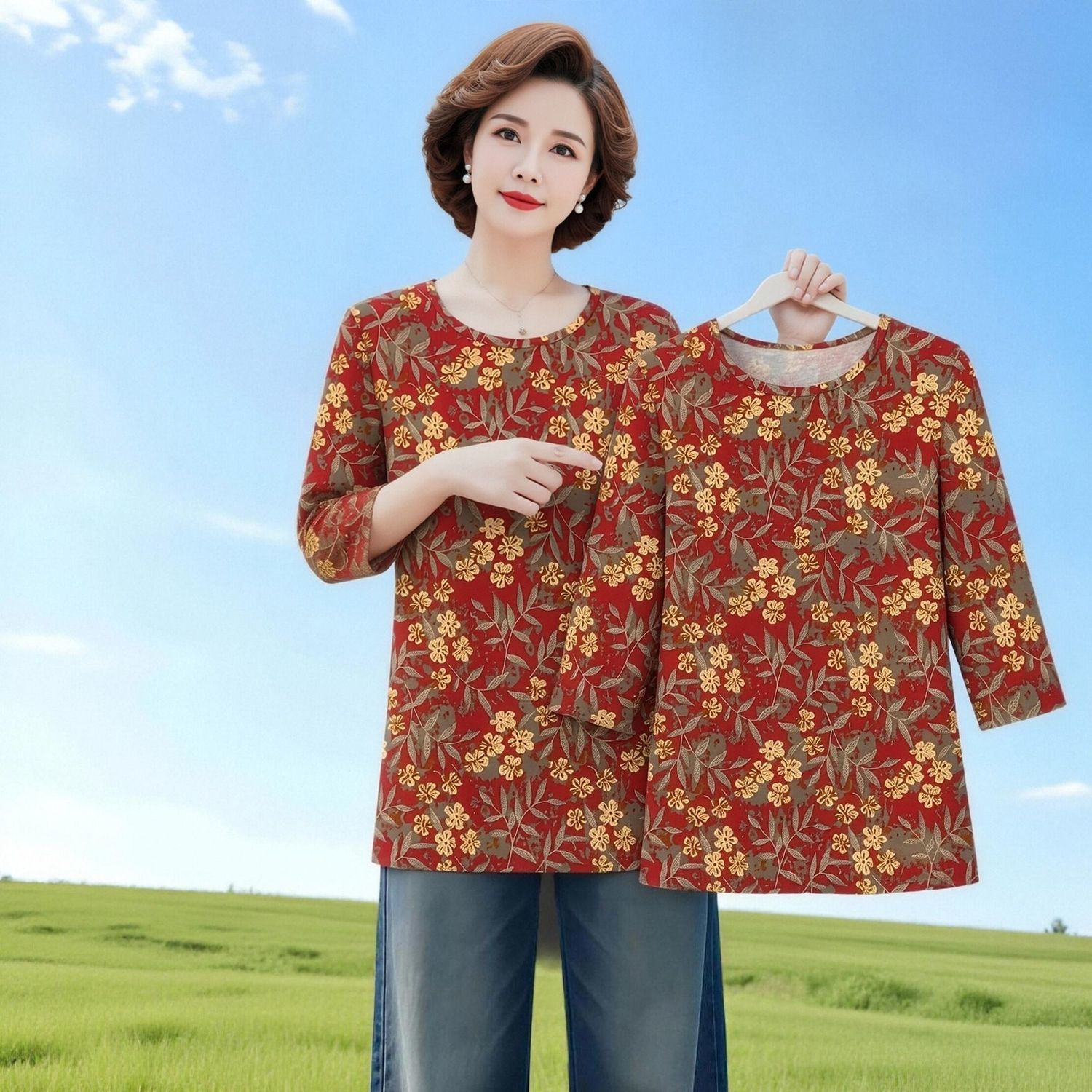夏季七分袖印花大码薄款女T恤