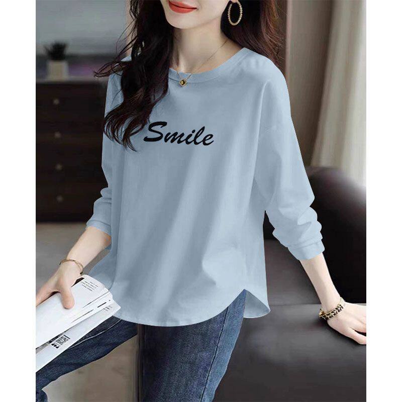 精品纯棉韩版长袖T恤女秋冬新款休闲韩版气质洋气大码简约上衣女