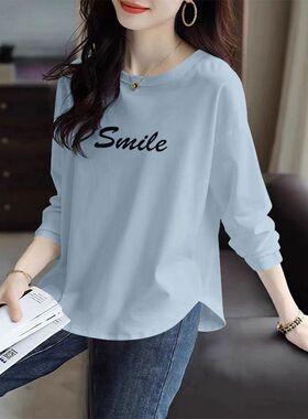 精品纯棉韩版长袖T恤女秋冬新款休闲韩版气质洋气大码简约上衣女
