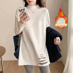 韩版 时尚 宽松慵懒风百搭上衣 女秋冬新款 纯棉破洞半高领打底衫