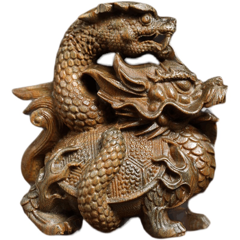 天然玉檀绿檀木玄武龙龟木雕手把件文玩小复古