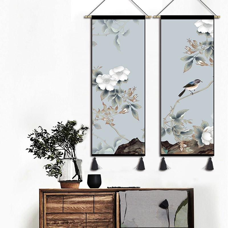 现代中式花鸟布艺挂画卧室书房装饰画背景墙挂布餐厅玄关挂毯壁毯图片