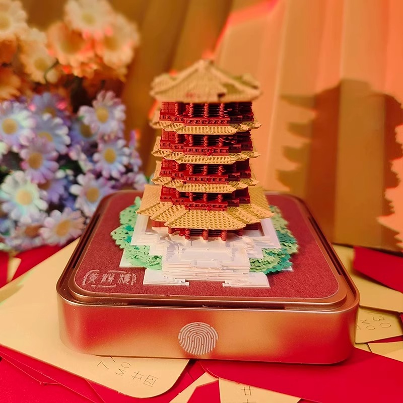2024龙年国风日历黄鹤楼全景3D立体手撕纸雕台历桌面摆件企业定制