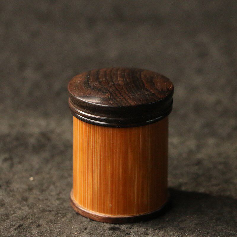 苏工精工制作老玉竹黑檀木螺纹孔小号香粉罐茶叶罐茶道茶叶罐竹器