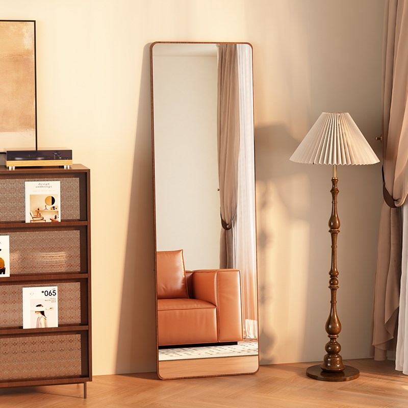 实木全身镜落地镜家用中古风卧室无框全身镜壁挂式贴墙试衣大镜子