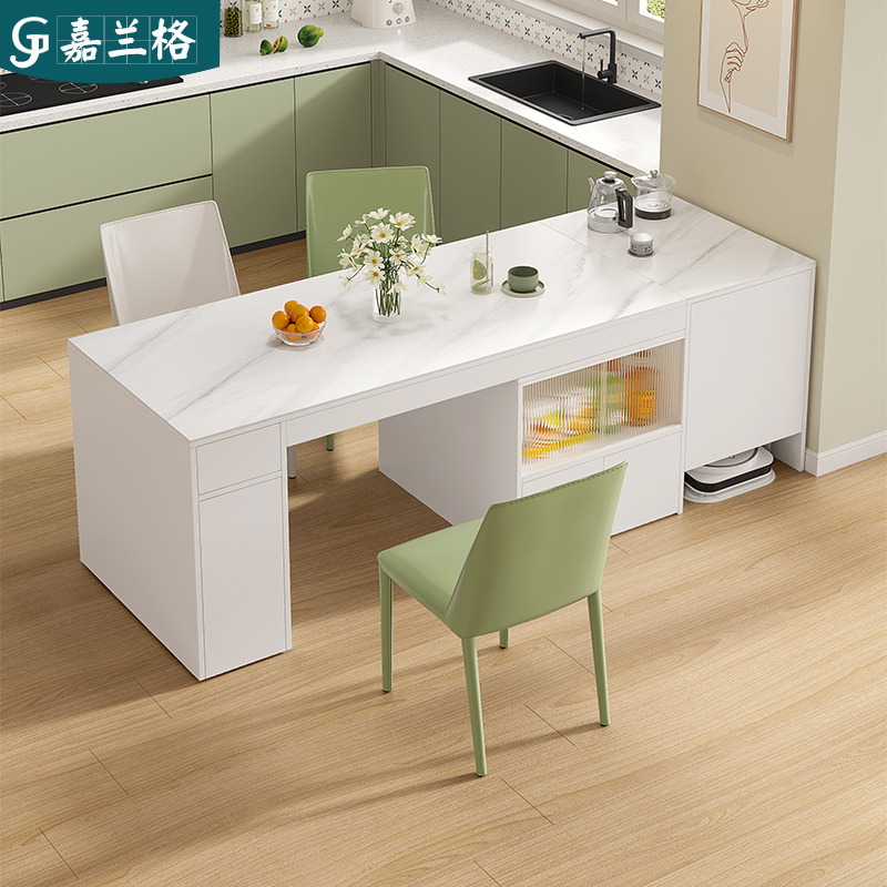 伸缩岛台餐桌一体家用倒台岩板中岛台吧台多功能茶台桌子定制