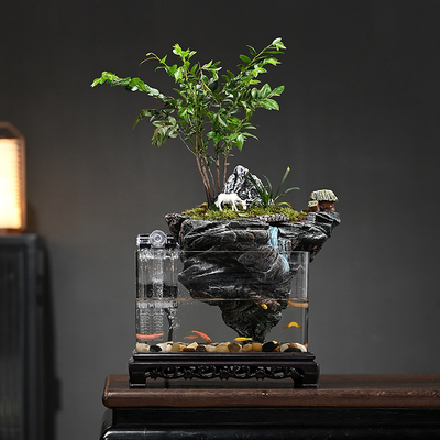流水微景观紫檀绿植假山鱼缸盆造景循环水客厅办公室桌面礼品