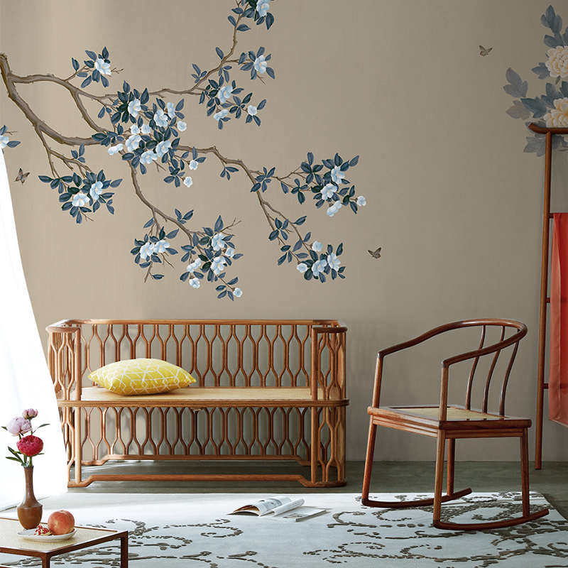 新梅牡丹壁画客电视背景墙壁纸中古风卧室书房墙布